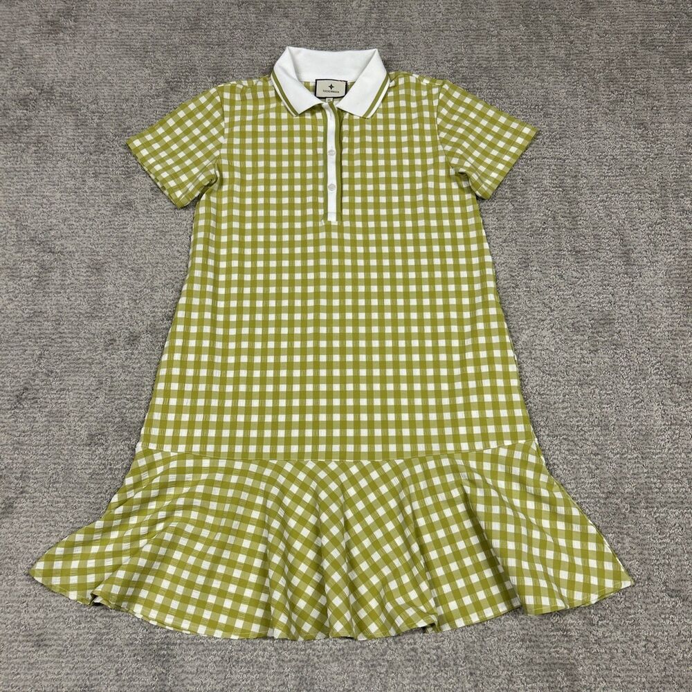 Tuckernuck May Polo Golf Dress Womens XS Seersucker Green Cream Pockets Stretch